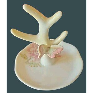 Vintage Porcelain Tree Ring Jewelry Holder Buterfly Pansy  Japan